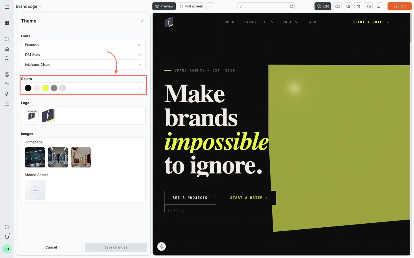 Theme panel with the Colors section highlighted, showing a row of color swatches for the site's palette.