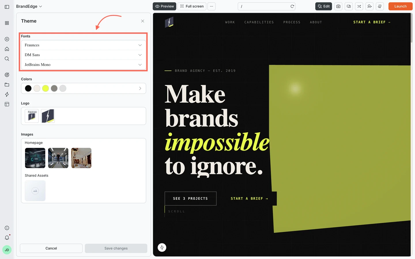 Theme panel with the Fonts section highlighted, showing typeface role dropdowns with font options.