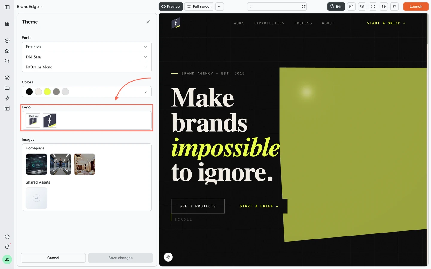 Theme panel with the Logo section highlighted, showing logo upload slots.
