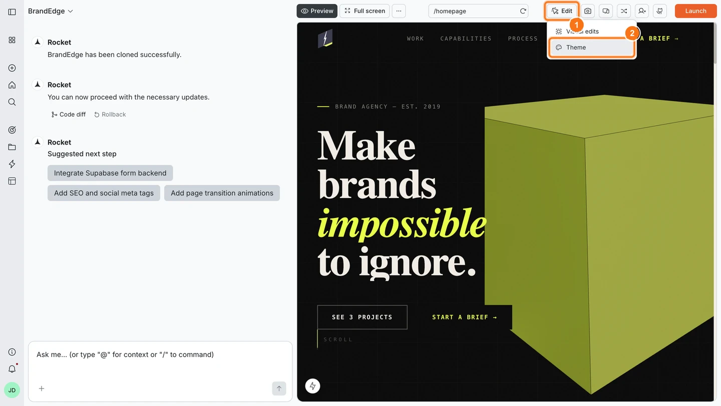 Edit button clicked in the preview toolbar showing a dropdown with Visual edits and Theme options.