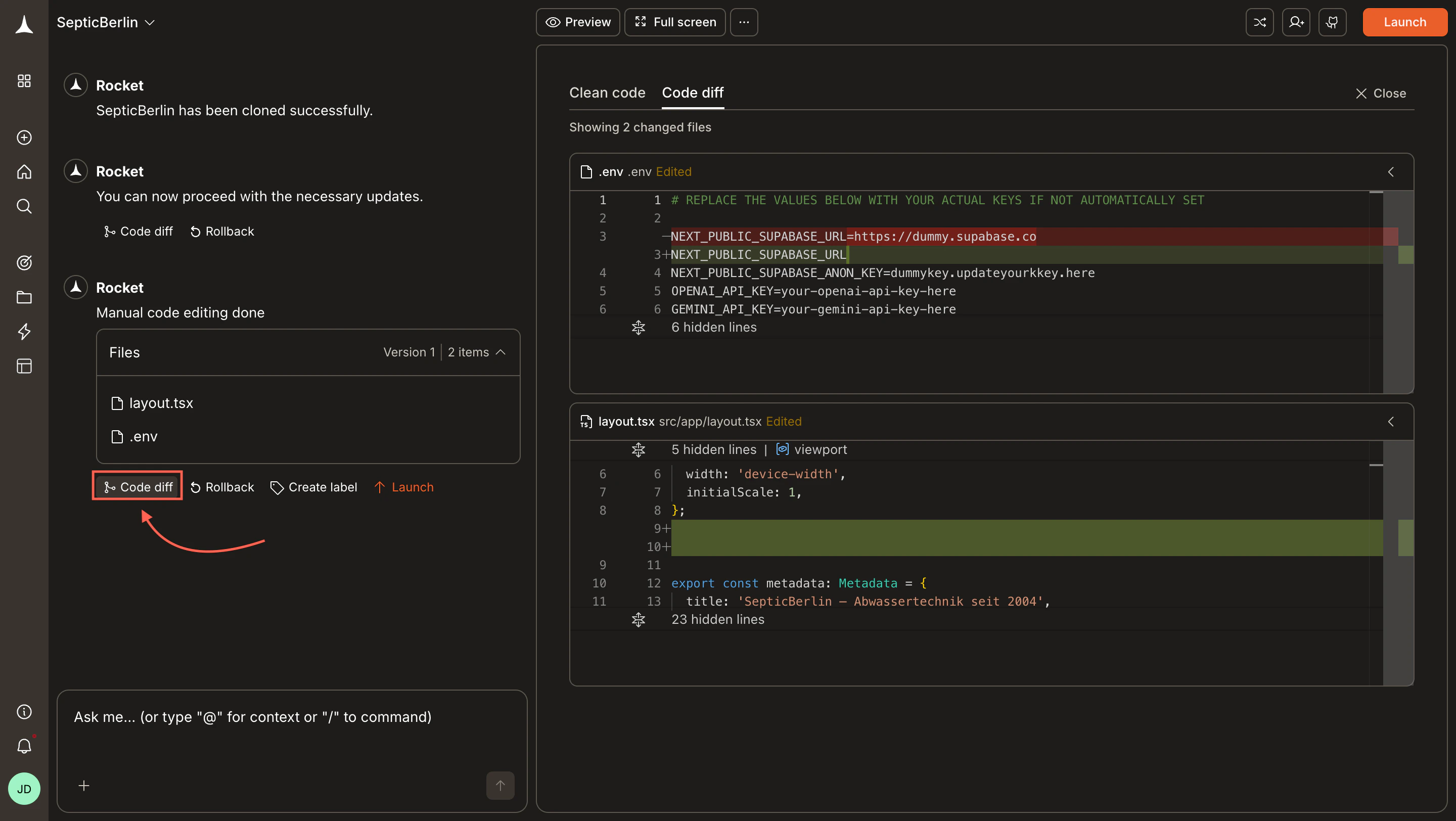 Code diff panel showing green and red highlighted lines across two changed files.