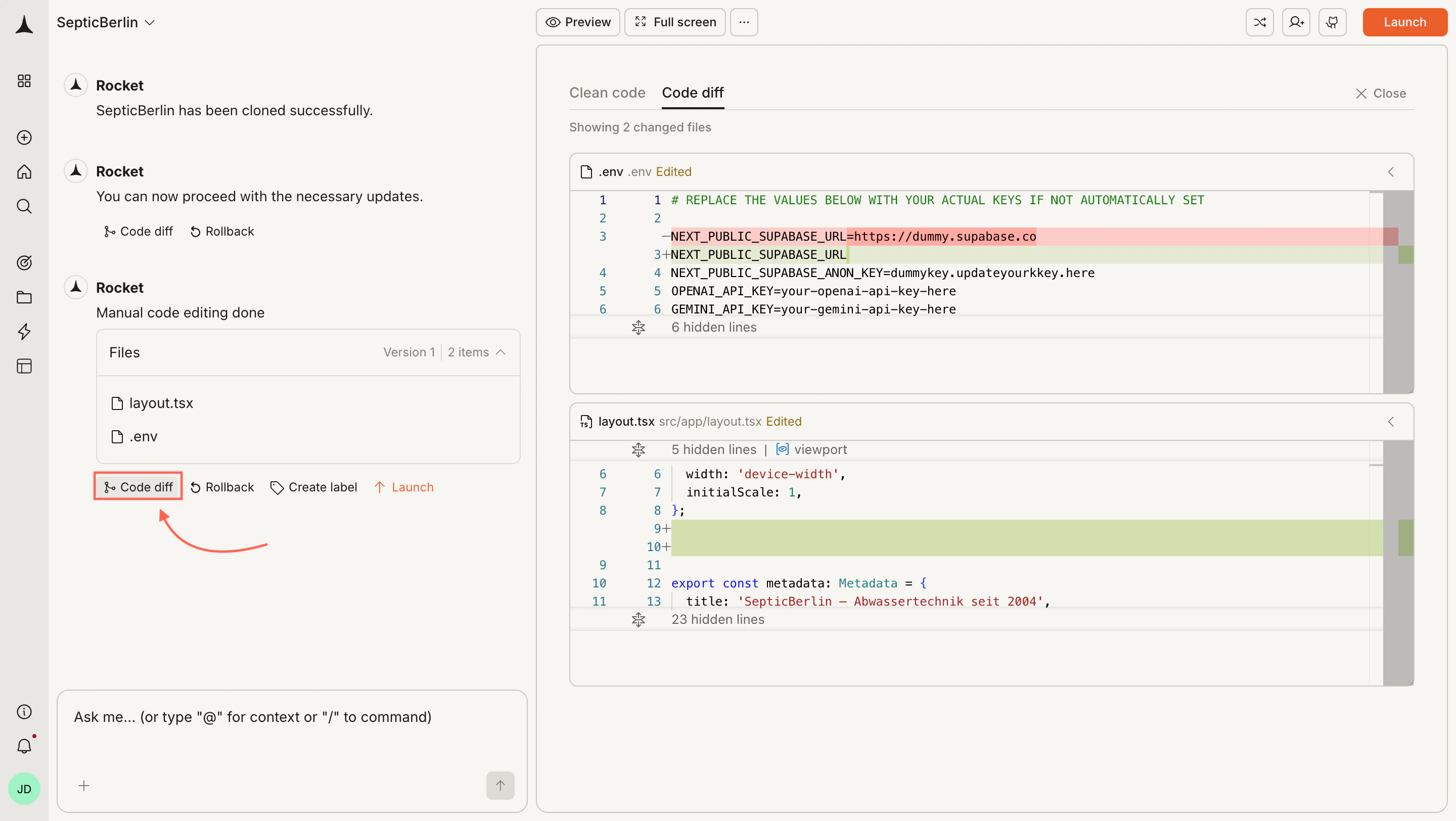 Code diff panel showing green and red highlighted lines across two changed files.