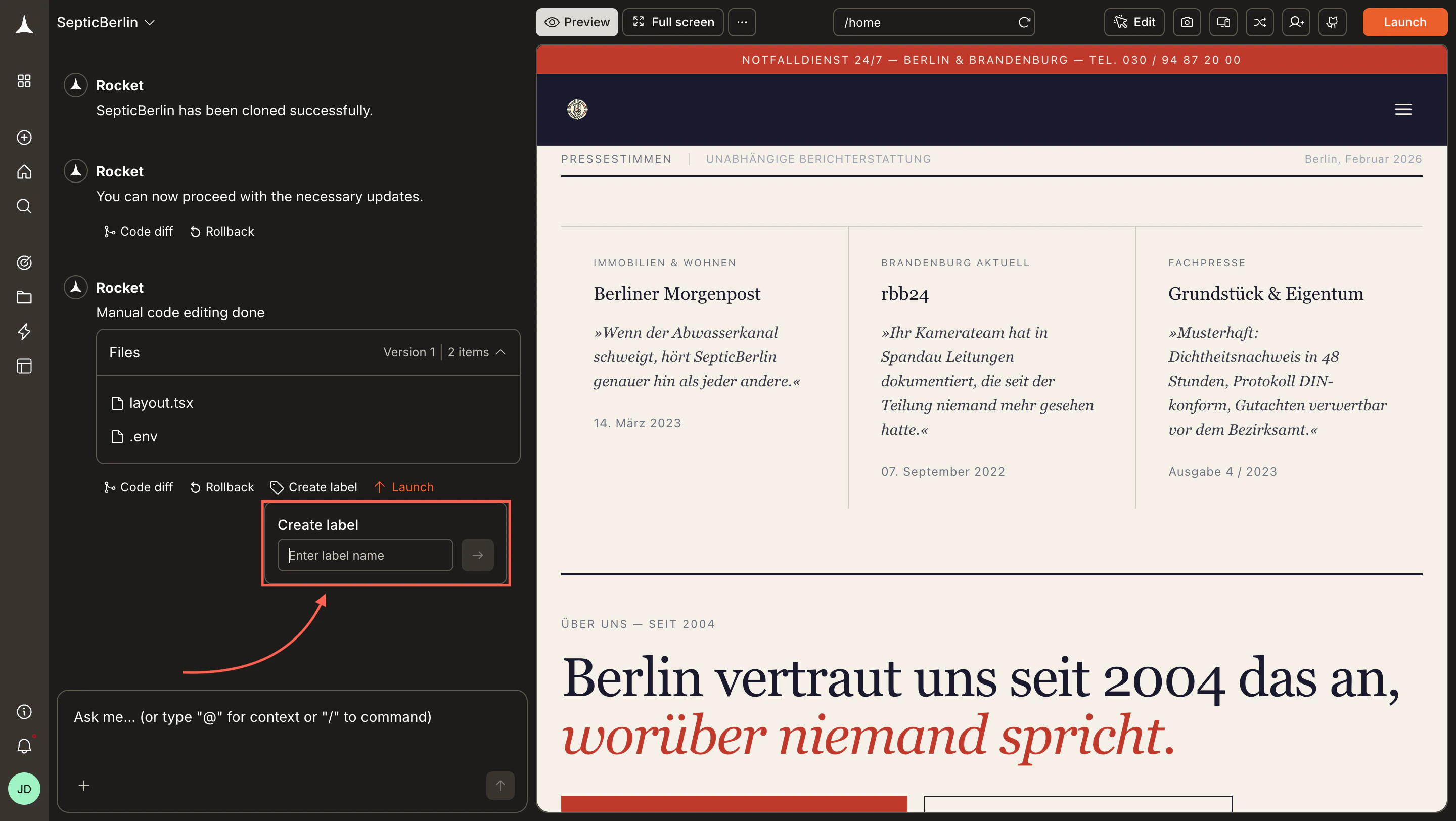 Create label input field open below the version action buttons.