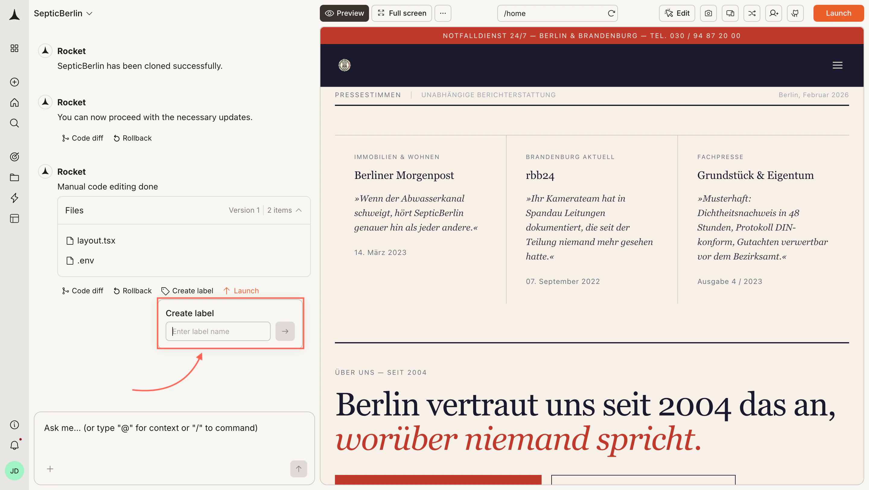 Create label input field open below the version action buttons.