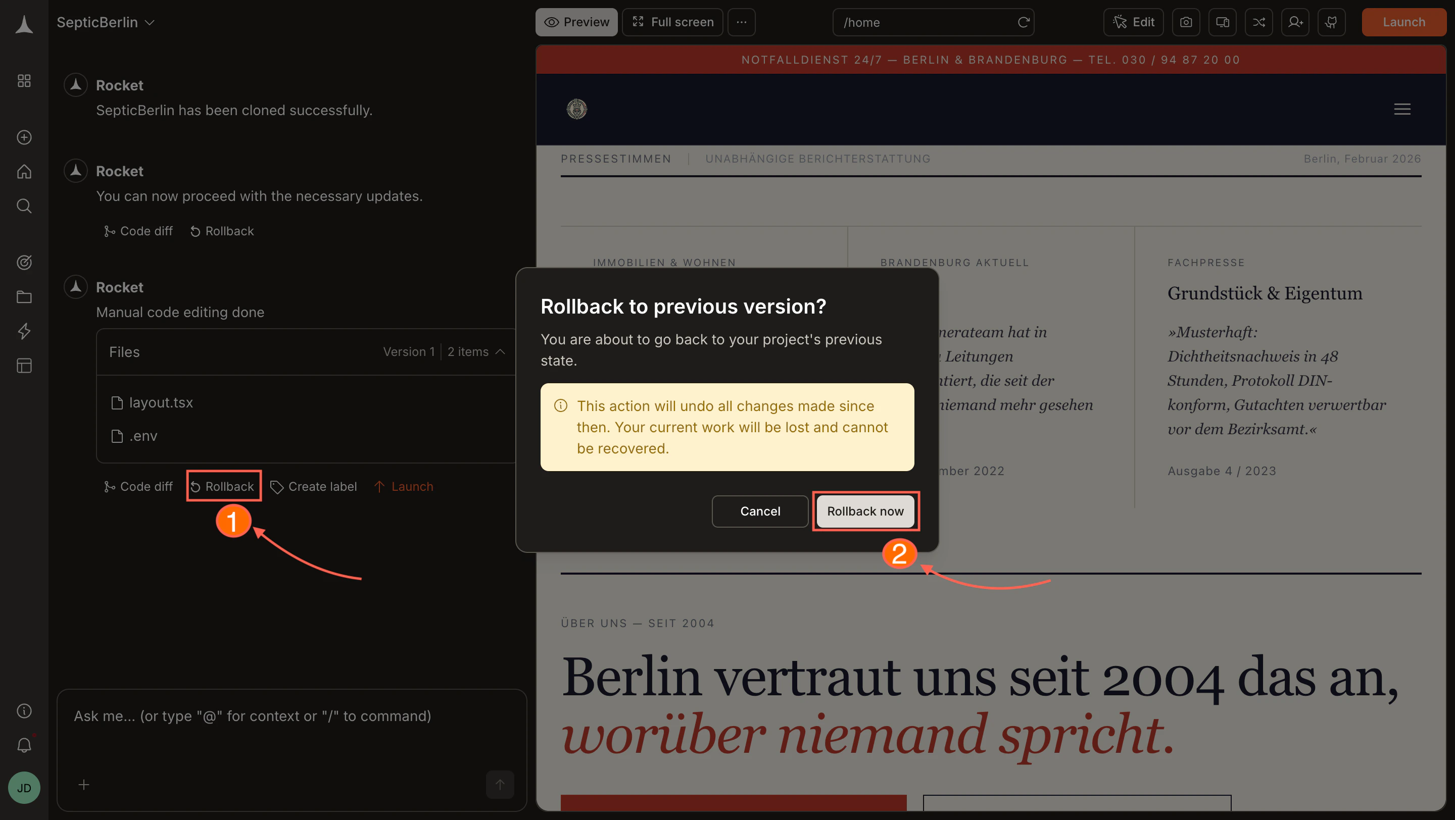 Rollback confirmation dialog warning that changes cannot be recovered.