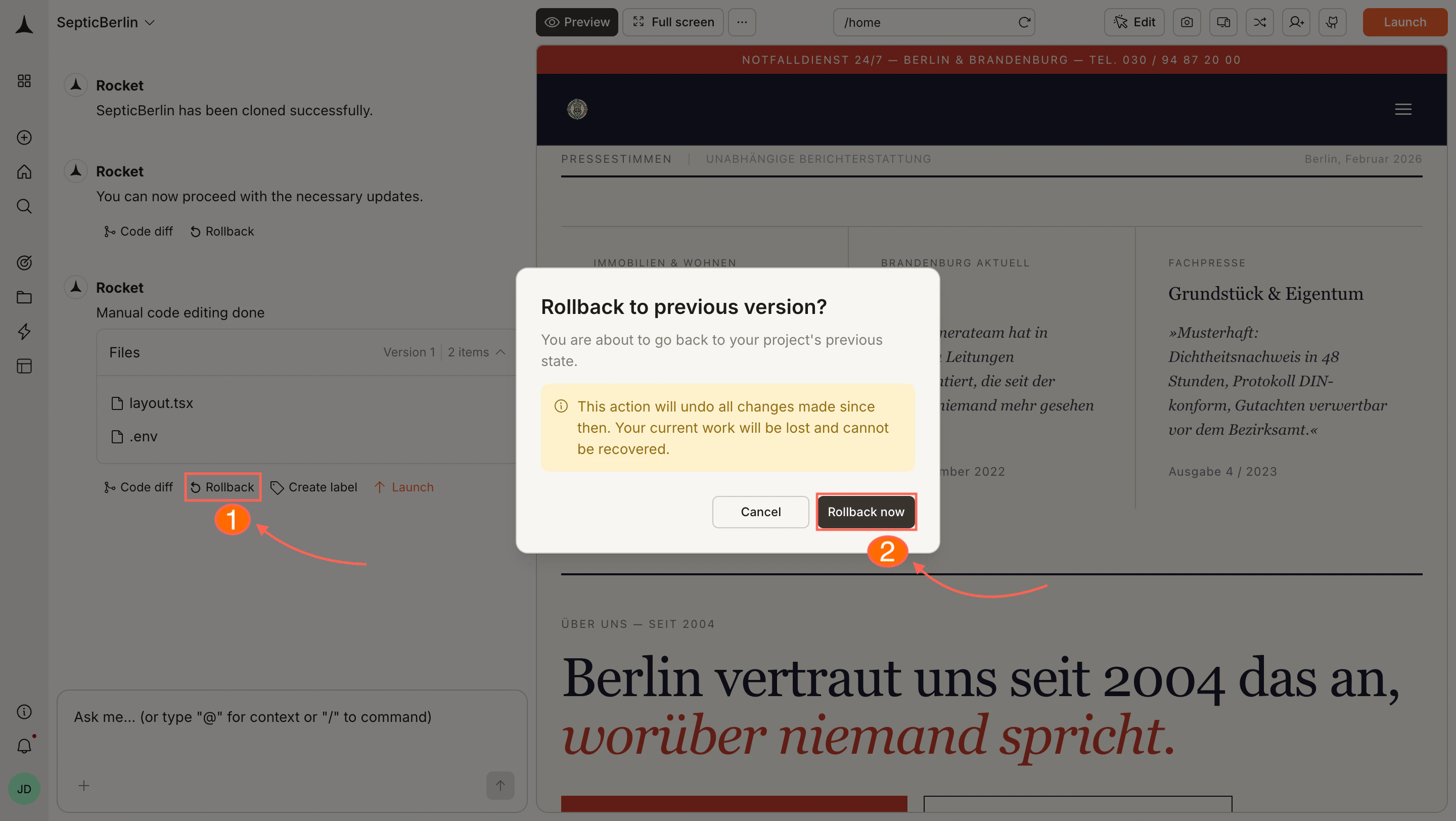 Rollback confirmation dialog warning that changes cannot be recovered.