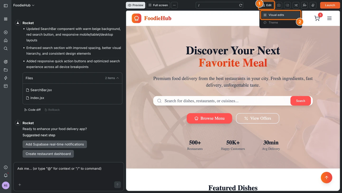 Edit button clicked in the preview toolbar showing a dropdown with Visual edits and Theme options.