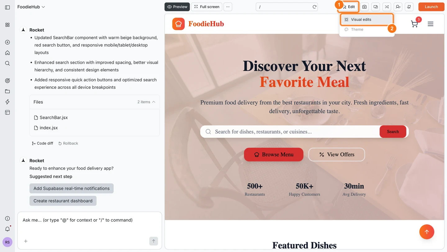 Edit button clicked in the preview toolbar showing a dropdown with Visual edits and Theme options.