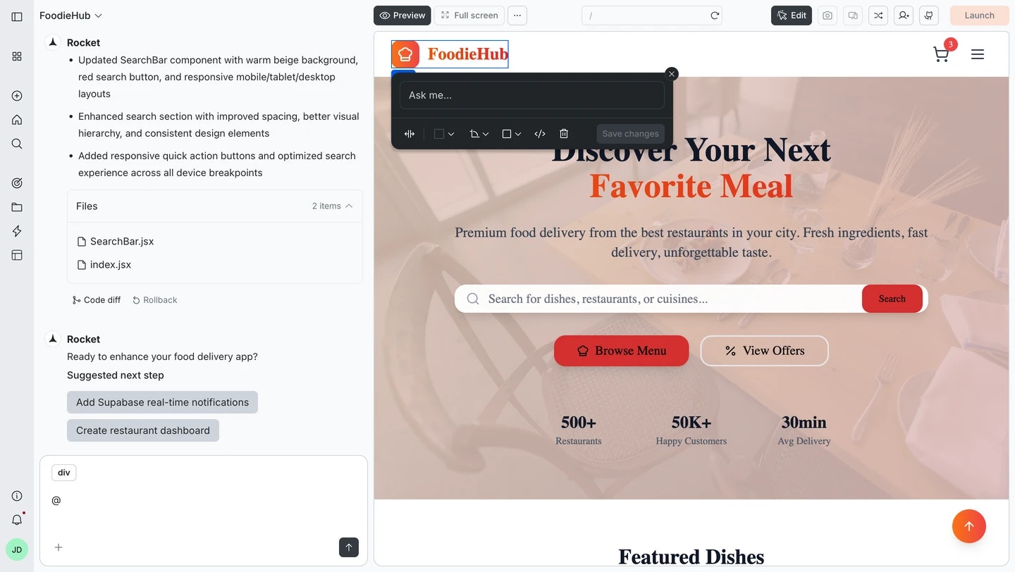 Visual edit mode active in Rocket with a selected element and the editing toolbar showing Ask me field and controls.