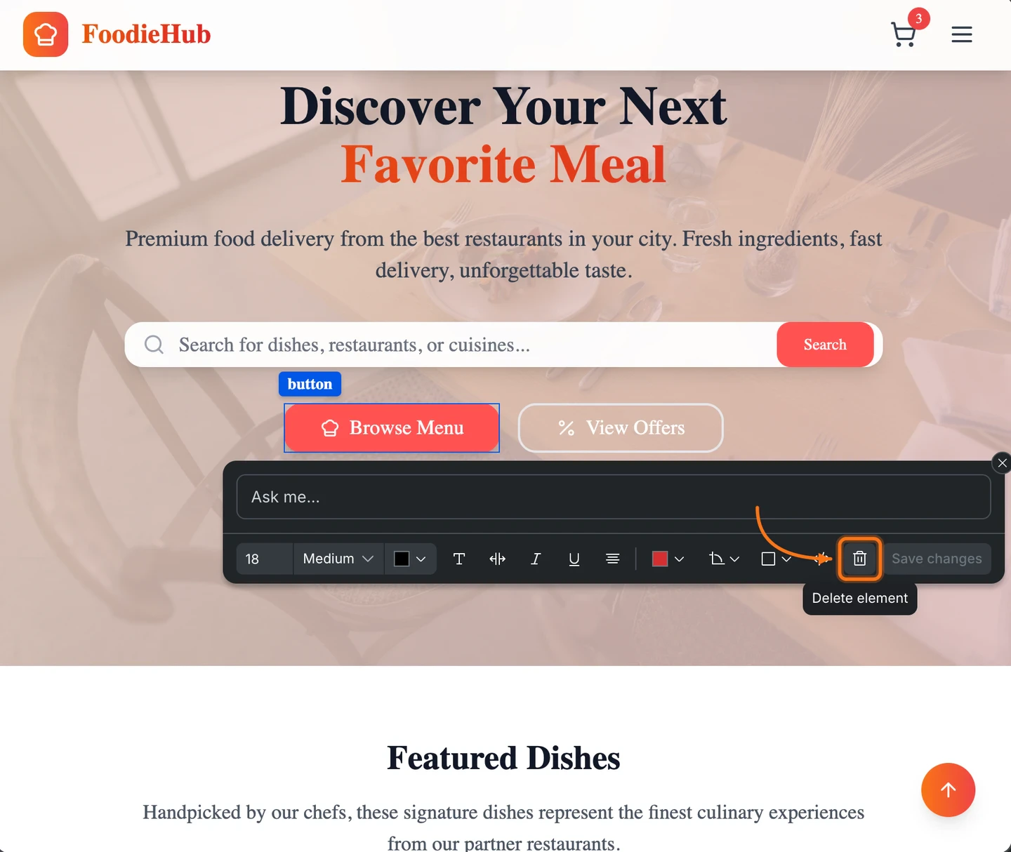 Visual edit toolbar with the delete element icon highlighted showing a Delete element tooltip.