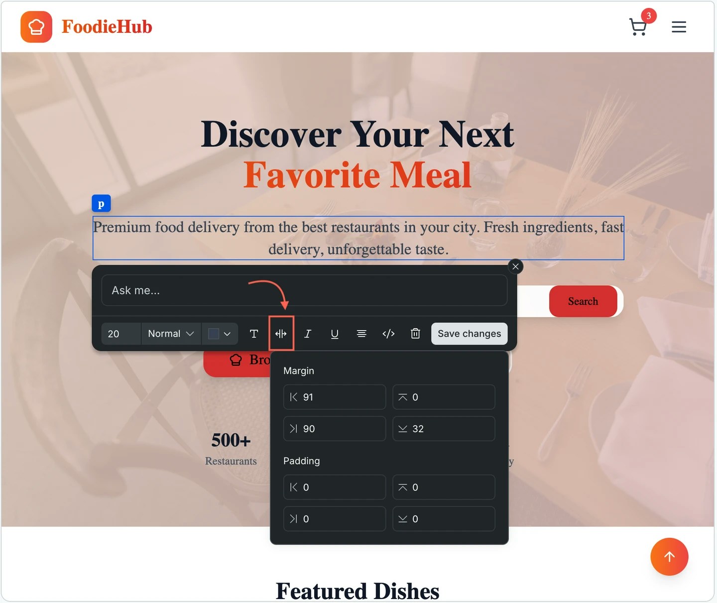 Spacing panel expanded showing individual margin and padding numeric inputs for a selected element.