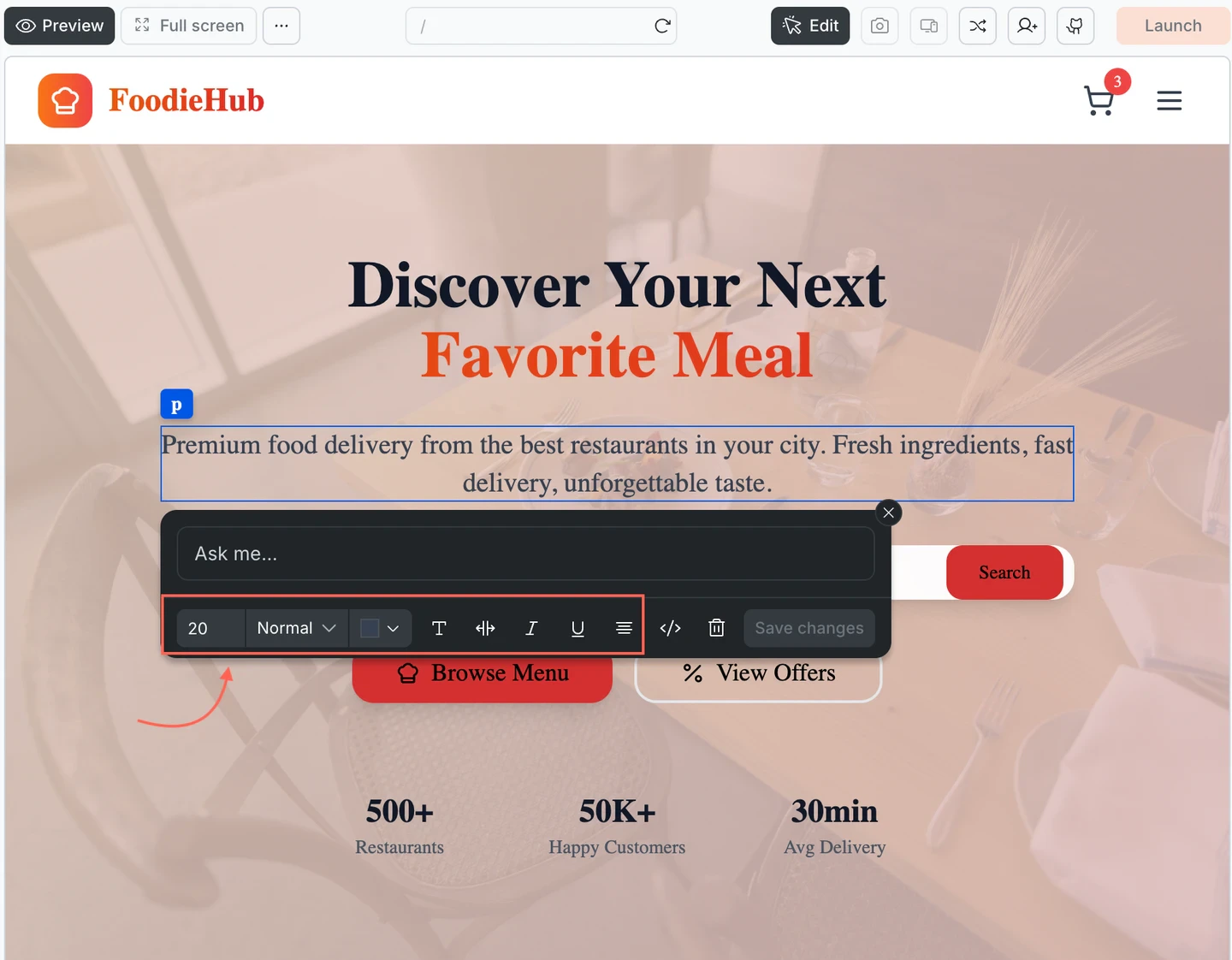 Visual edit toolbar showing font size set to 20, Normal weight, color picker, text edit, spacing, italic, underline, align, go to code, and delete controls on a selected paragraph.
