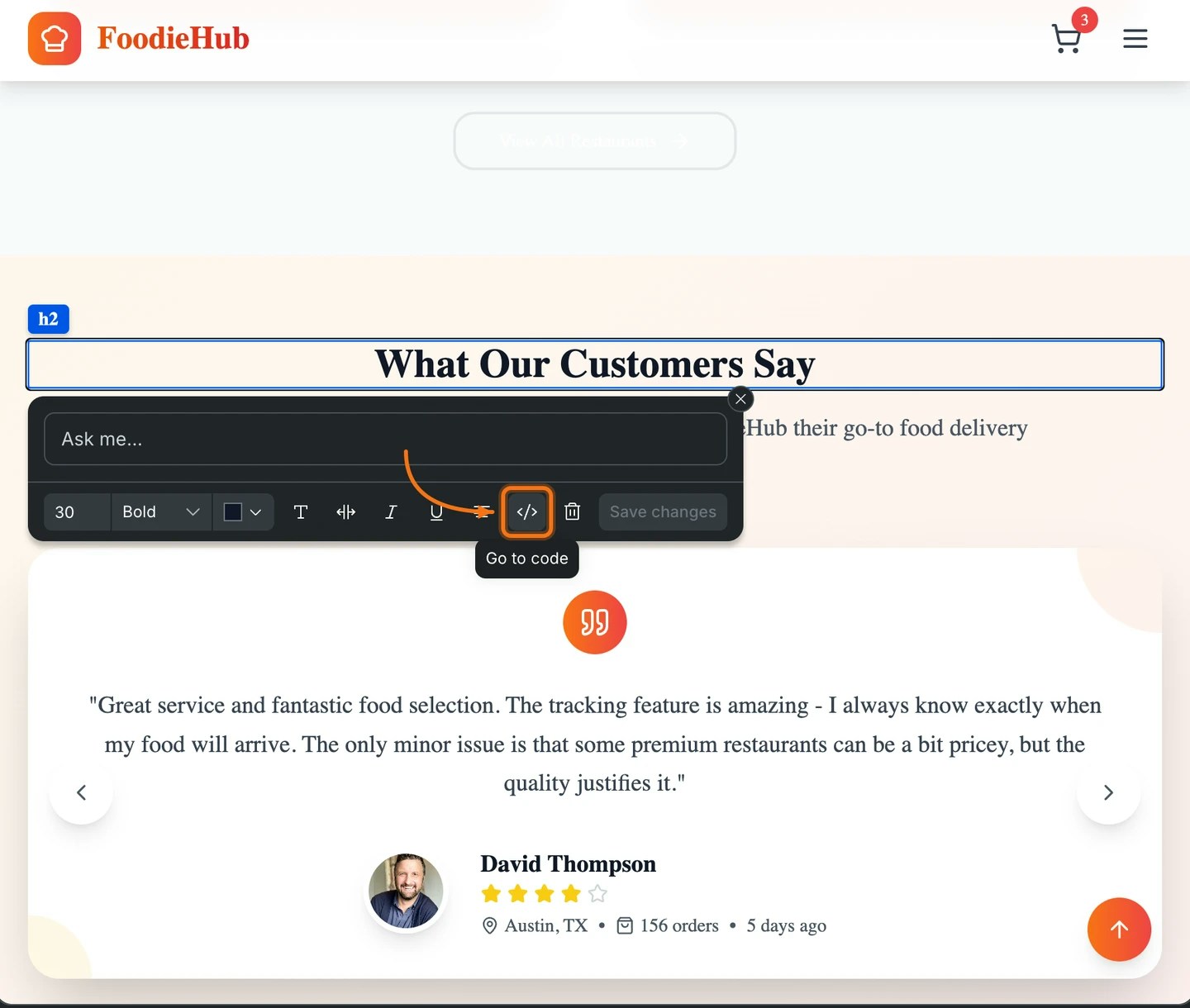 Visual edit toolbar with the Go to code icon highlighted showing a Go to code tooltip on a selected heading element.
