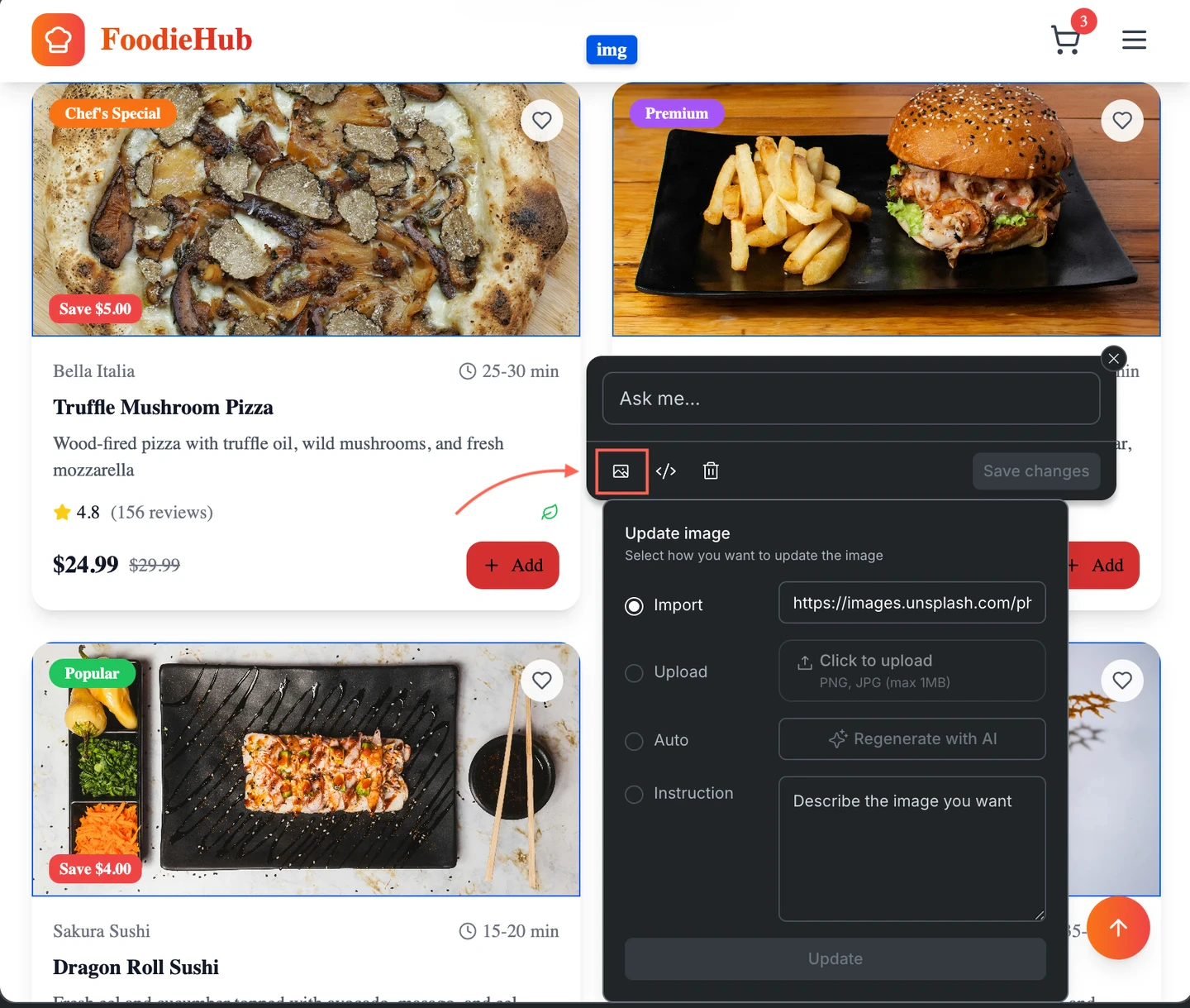 Update image panel showing Import URL, Upload file, Auto AI regenerate, and Instruction options for a selected image element.
