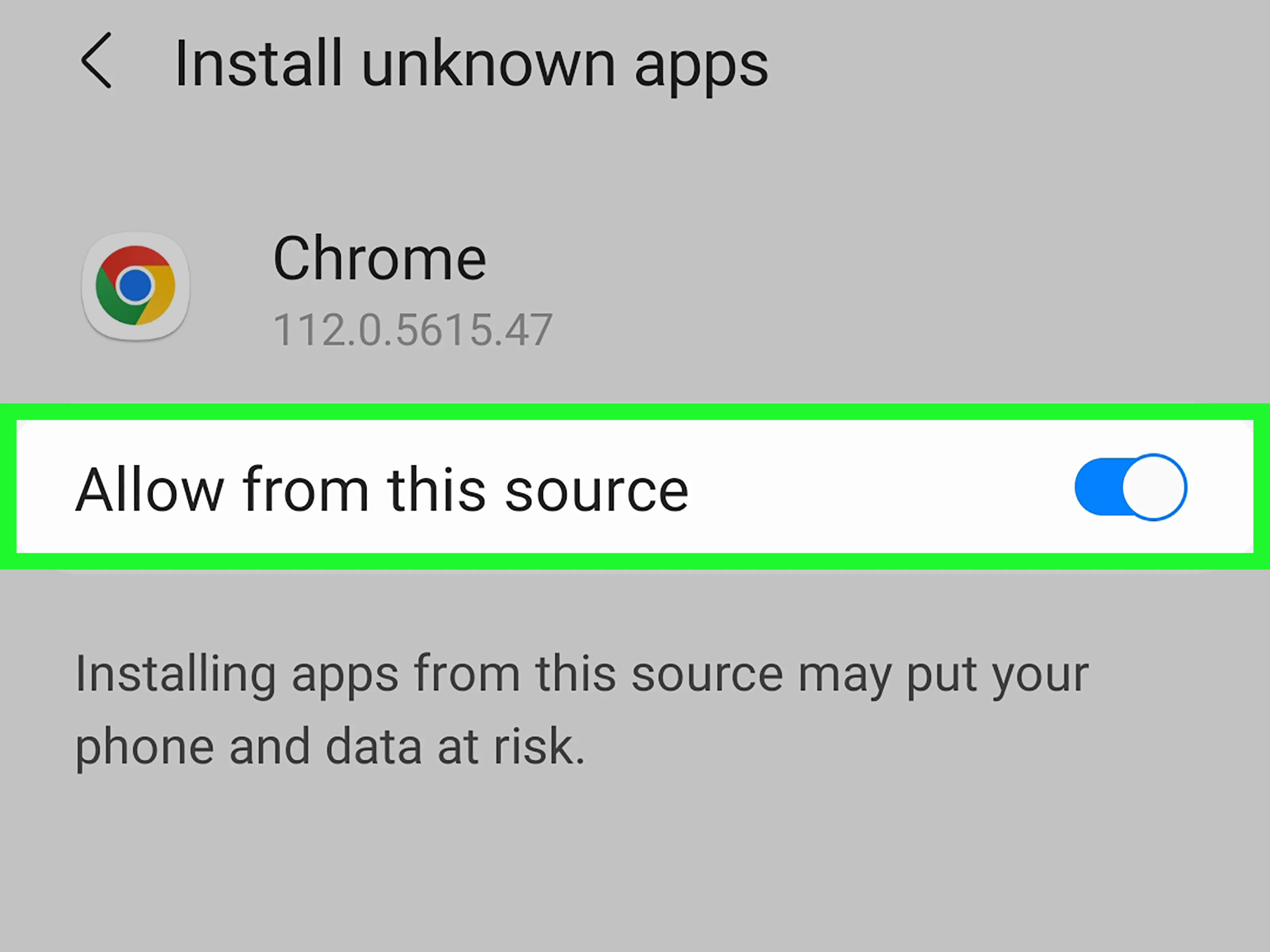 Android settings screen showing Allow from this source toggle enabled.