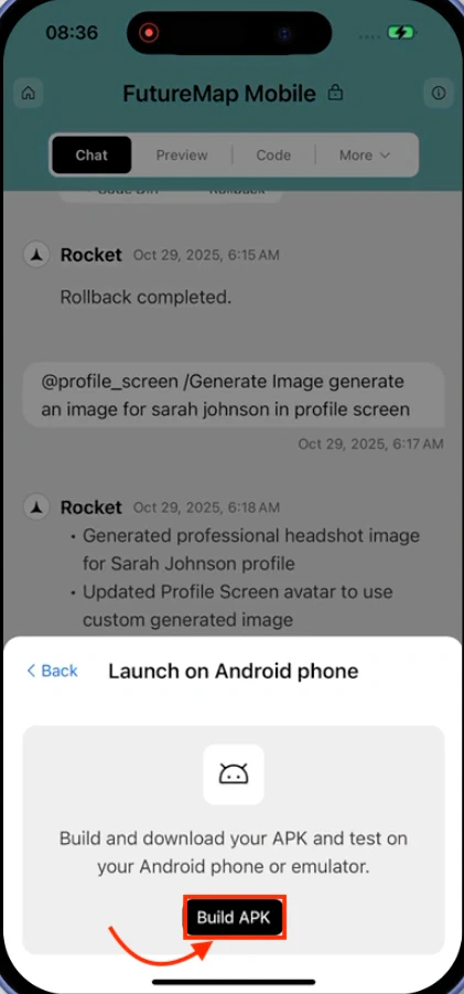 Launch on Android phone modal showing Build APK button on mobile.