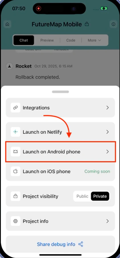 Dropdown menu showing Launch on Android phone option highlighted on mobile.
