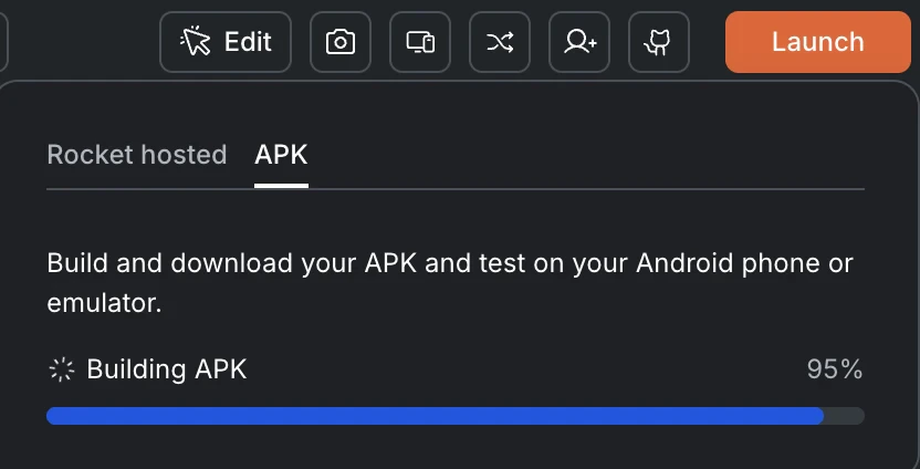 APK tab showing Building APK progress bar at 95%.