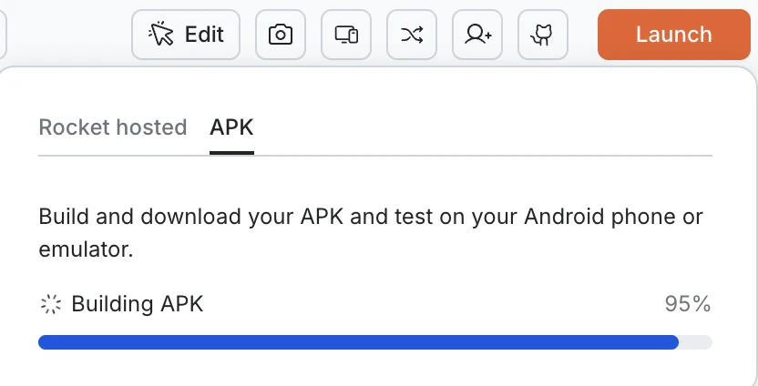 APK tab showing Building APK progress bar at 95%.