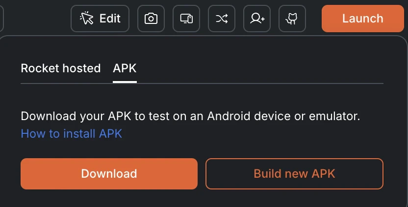 APK tab showing Download and Build new APK buttons after a successful build.