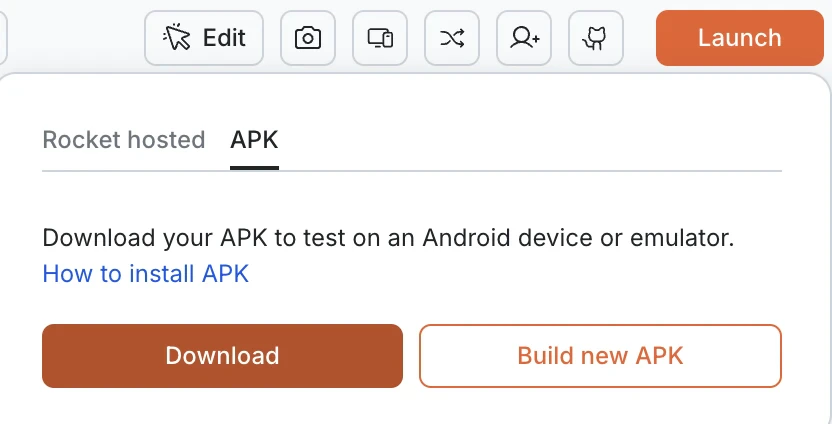 APK tab showing Download and Build new APK buttons after a successful build.