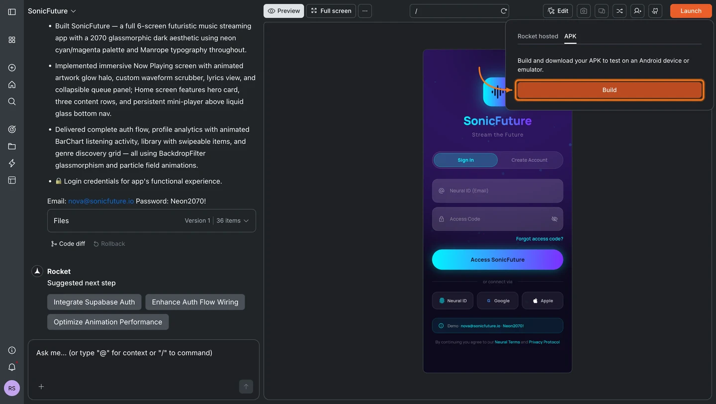 APK tab selected in the Launch popup showing the Build button.