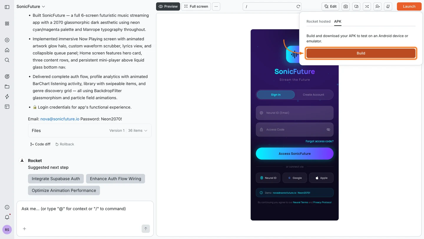 APK tab selected in the Launch popup showing the Build button.