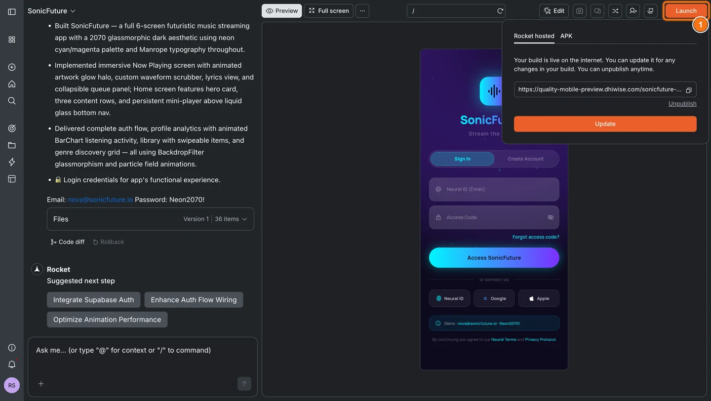 Launch popup open showing Rocket hosted tab selected by default.