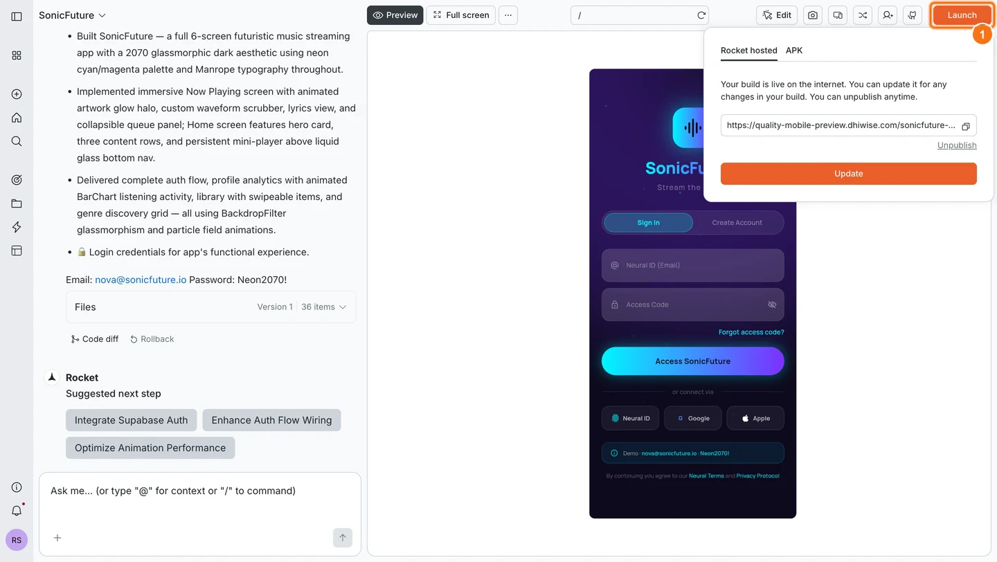 Launch popup open showing Rocket hosted tab selected by default.