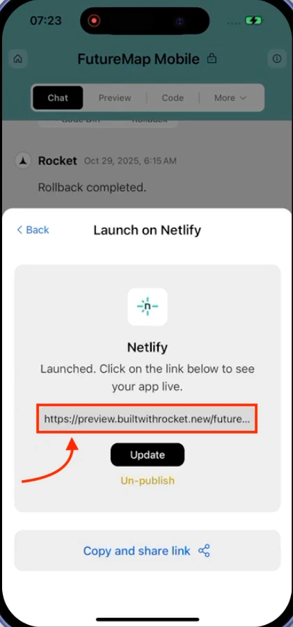 Published app confirmation showing live link and controls to update or unpublish.