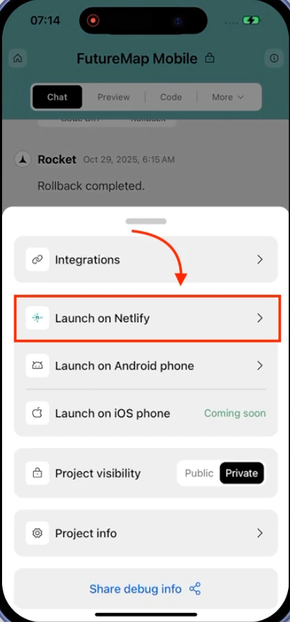 Project settings modal showing Launch on Netlify option highlighted.
