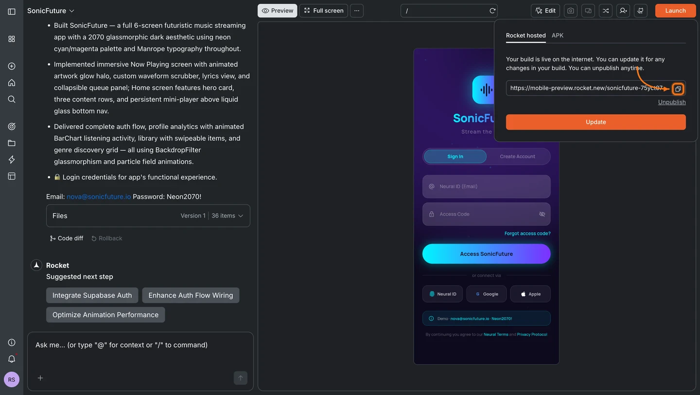 Deployed app URL shown with a Copy button after launch completes.