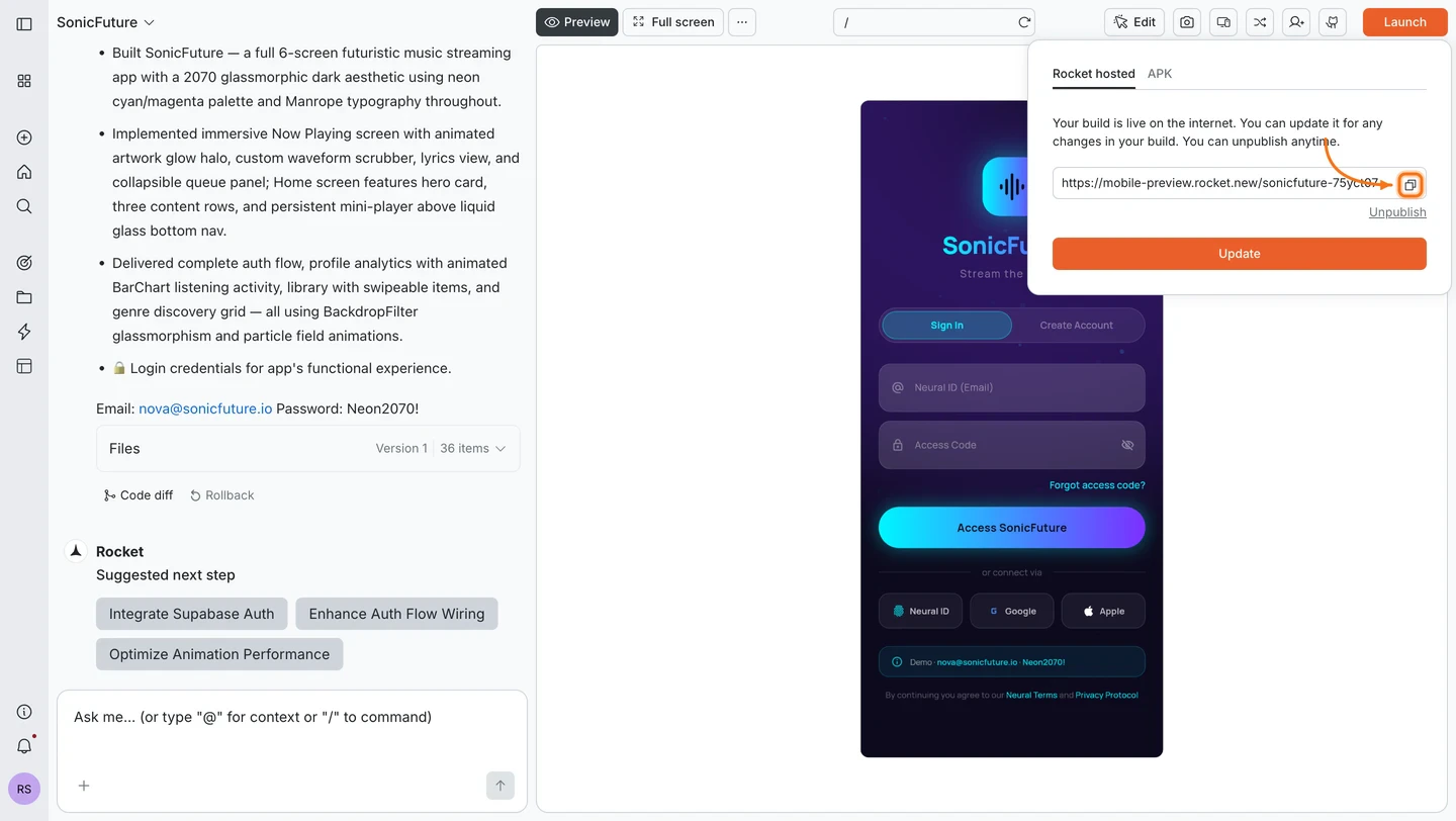 Deployed app URL shown with a Copy button after launch completes.