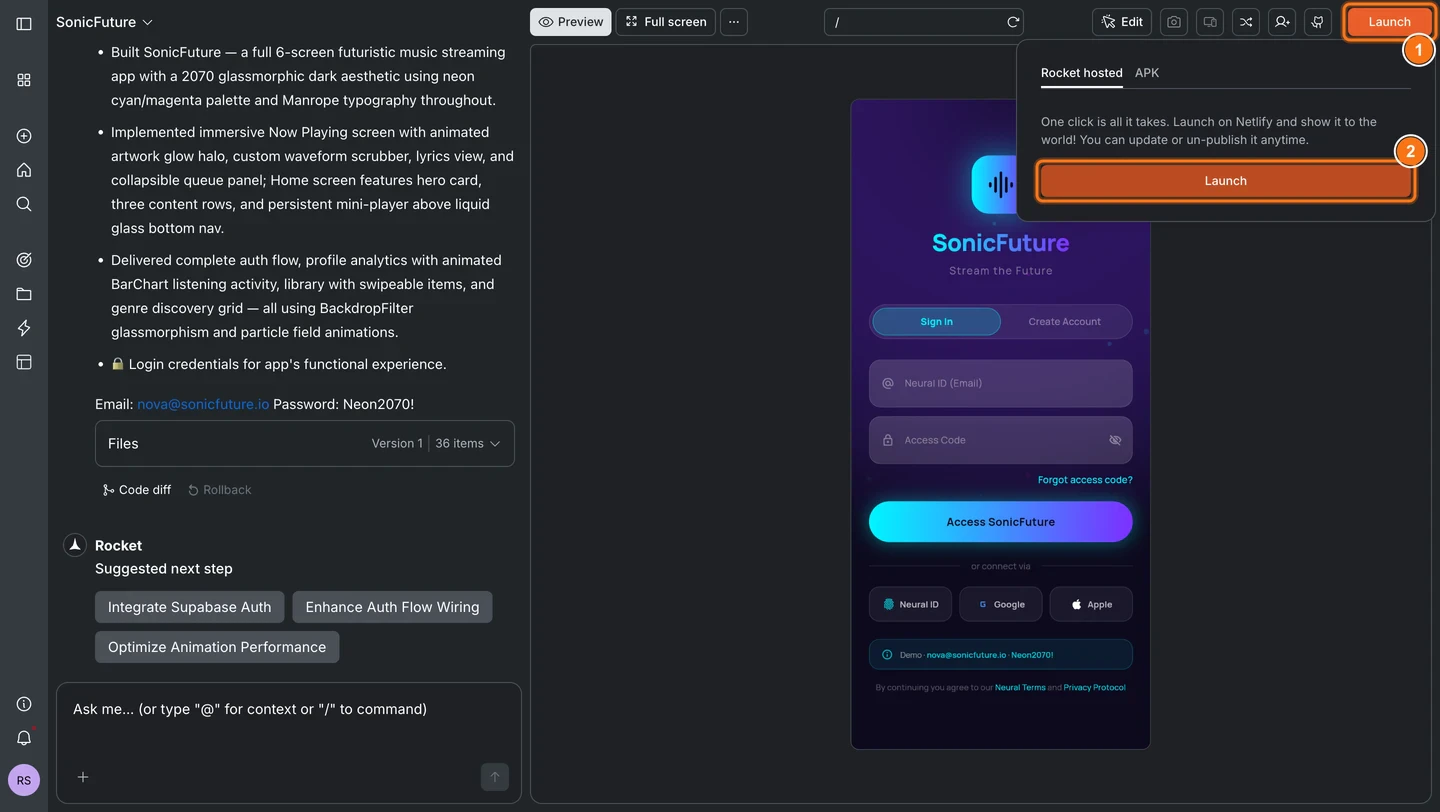 Launch popup showing the Rocket hosted tab selected with a Launch button.