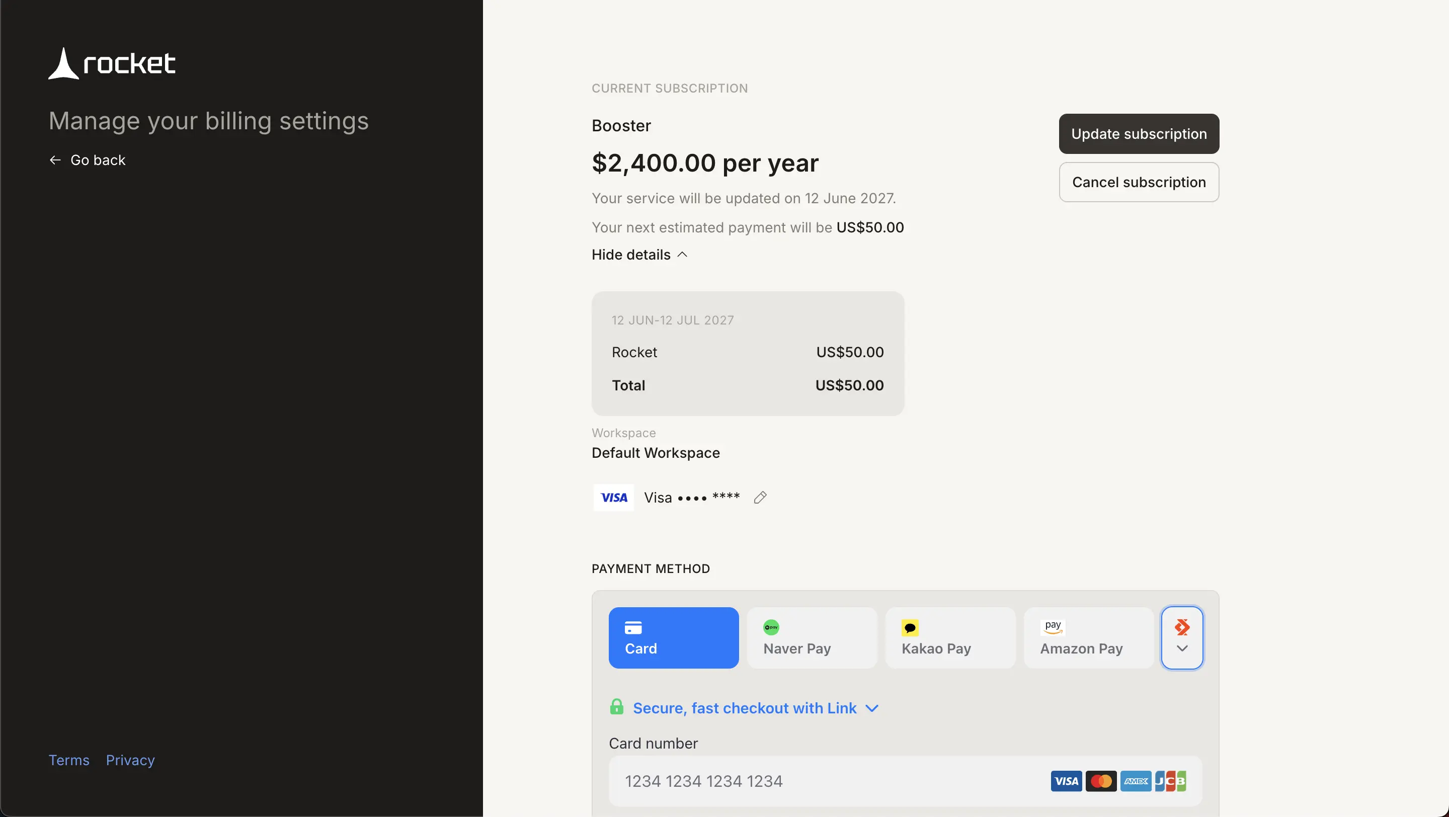 Stripe card entry form with fields for card number, expiry, and security code.