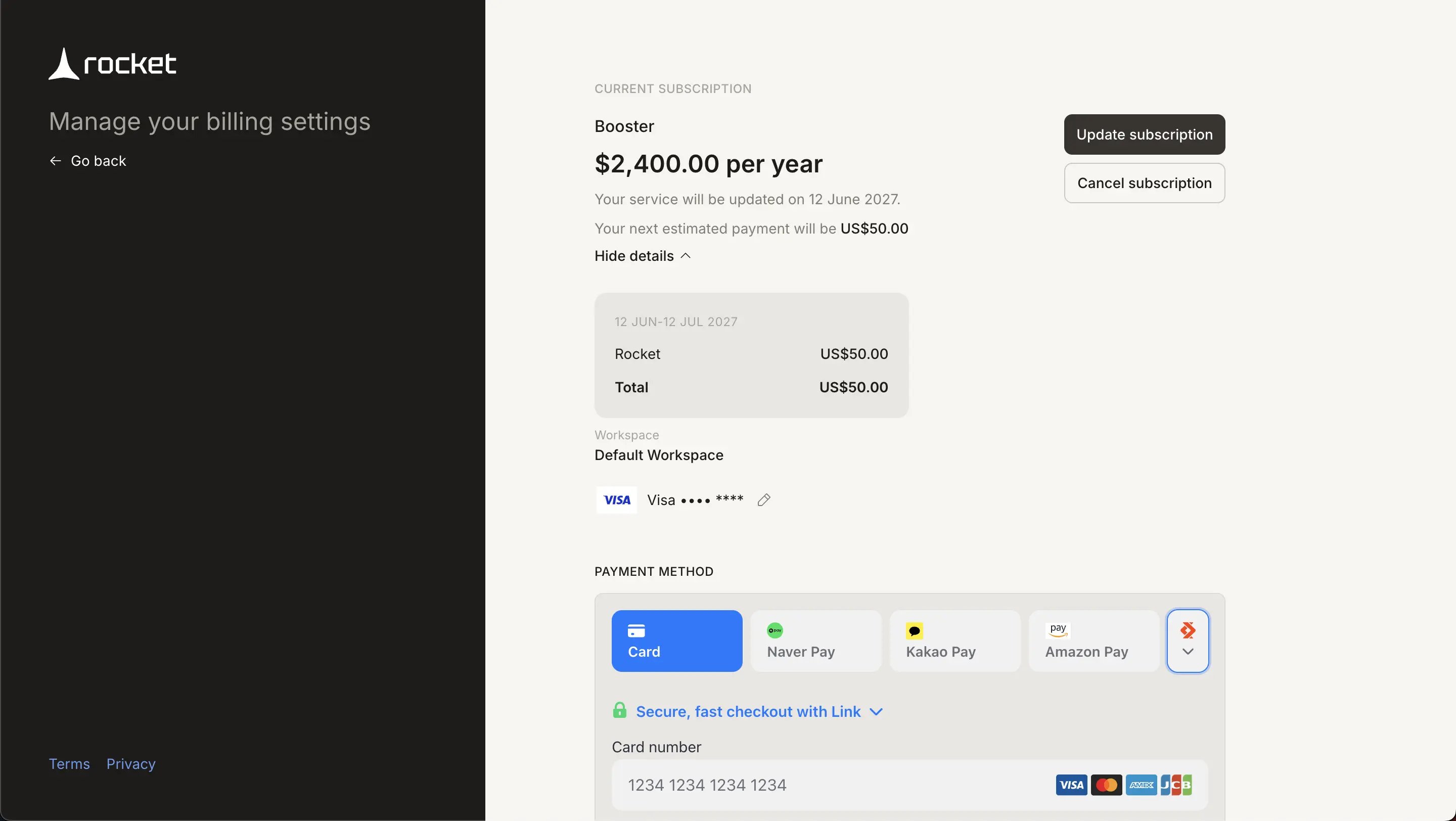 Stripe card entry form with fields for card number, expiry, and security code.