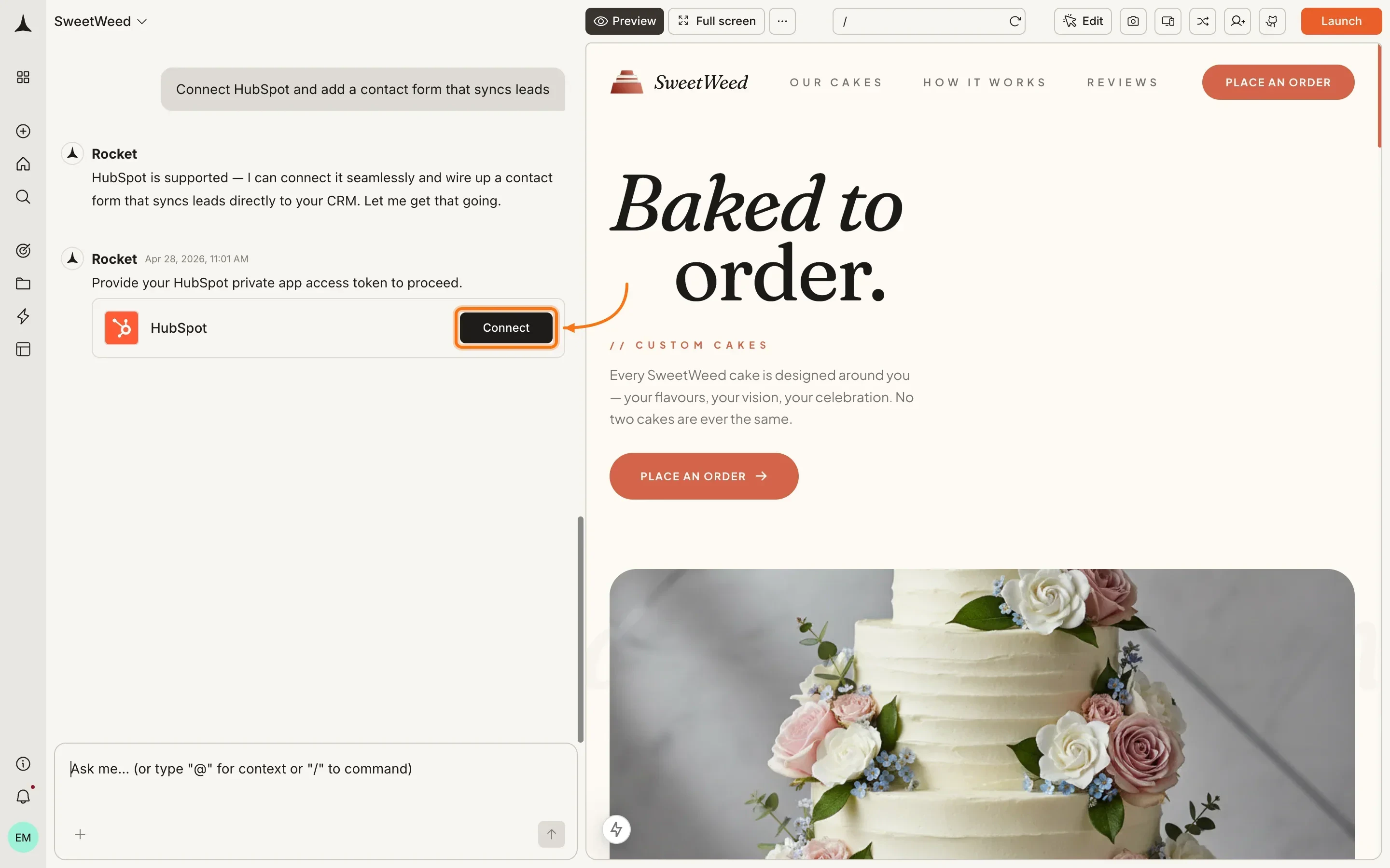 HubSpot connection prompt in the Rocket chat panel.