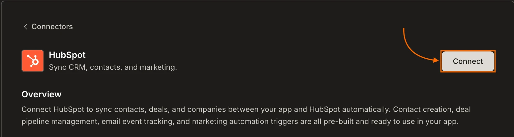 Connectors tab showing the HubSpot card with a Connect button.