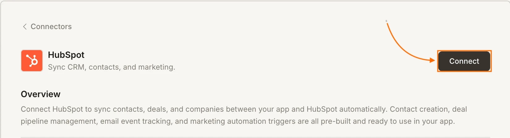 Connectors tab showing the HubSpot card with a Connect button.