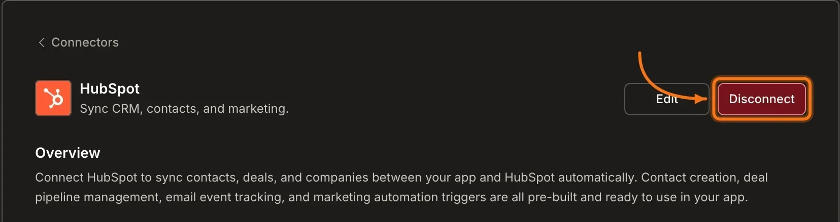 HubSpot integration showing connected state with a Disconnect button.