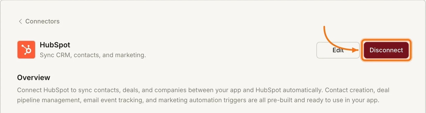 HubSpot integration showing connected state with a Disconnect button.
