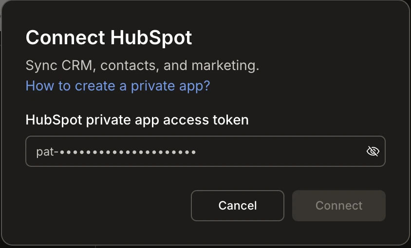 HubSpot access token input popup.