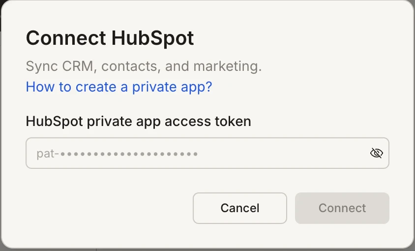 HubSpot access token input popup.