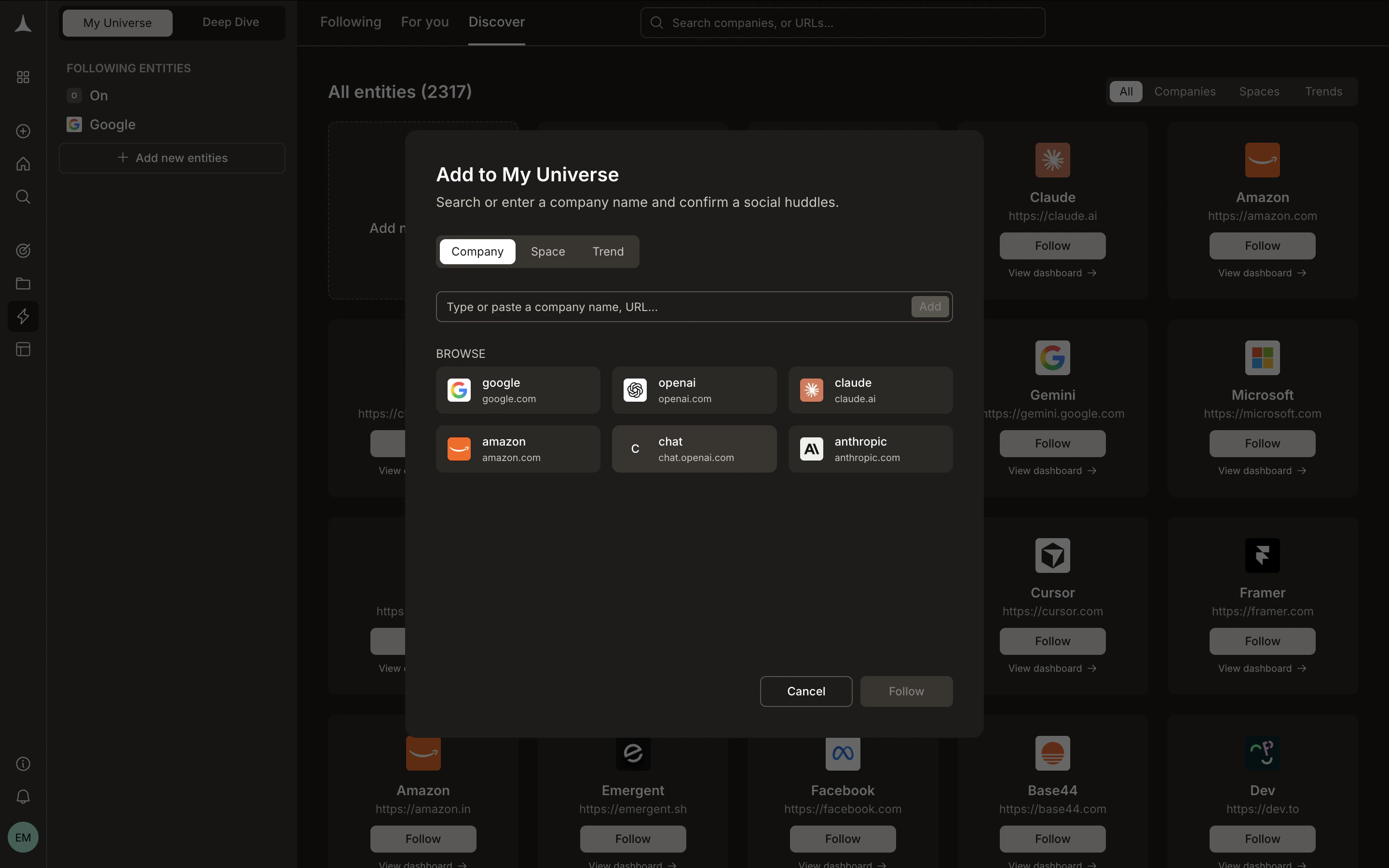 Add to My Universe modal showing companies to follow