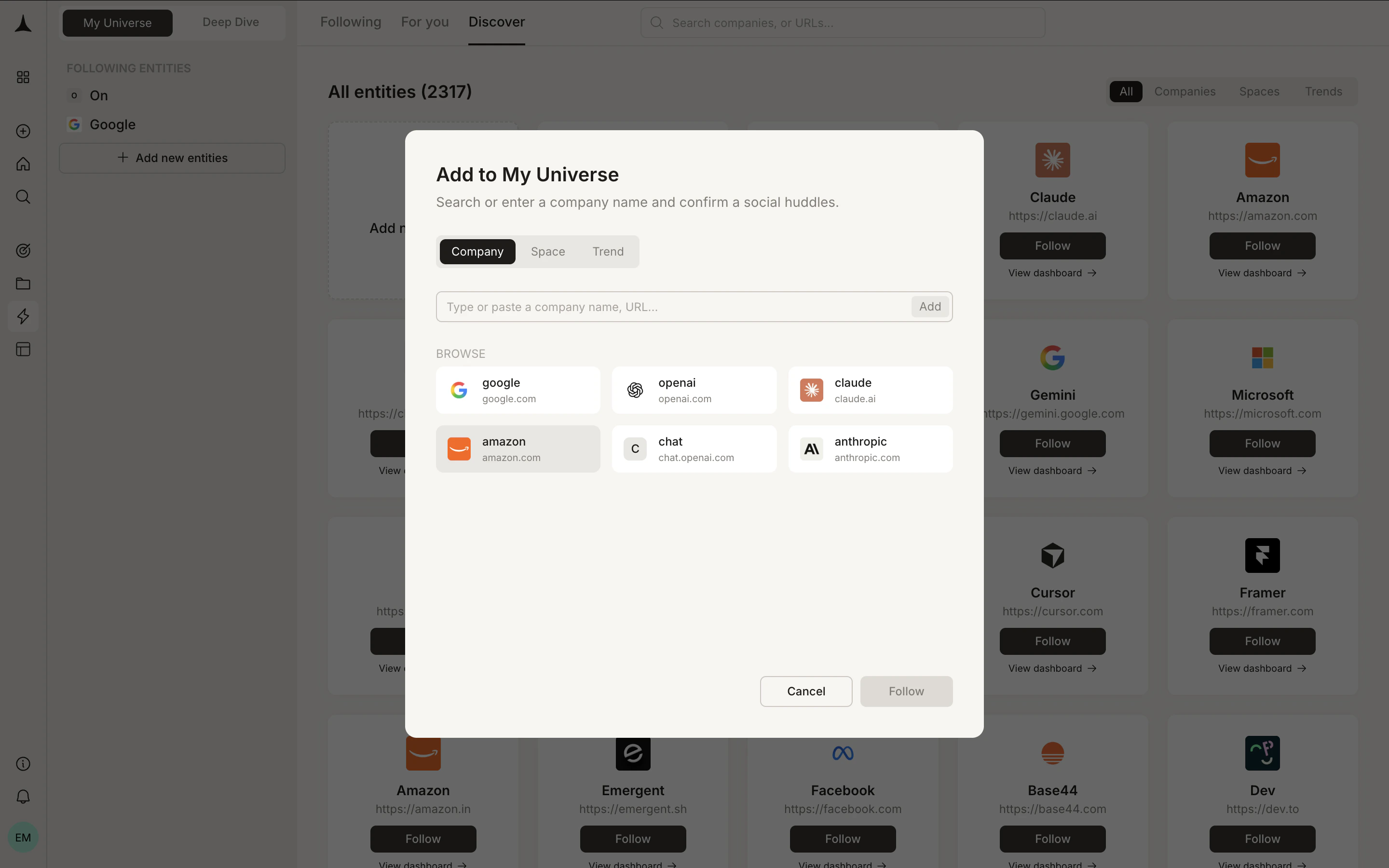 Add to My Universe modal showing companies to follow