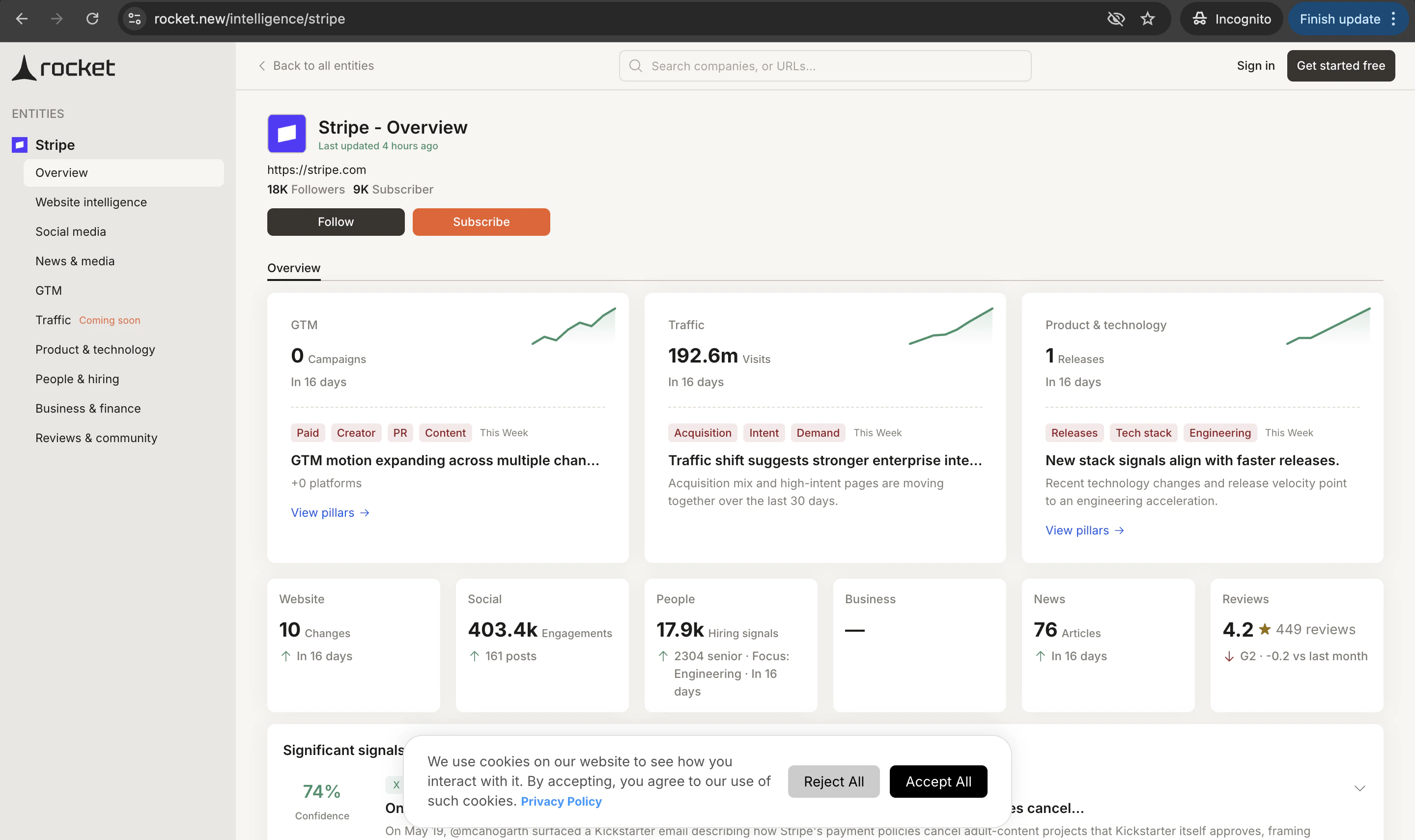 Intelligence landing page showing browsable company signals before sign-in