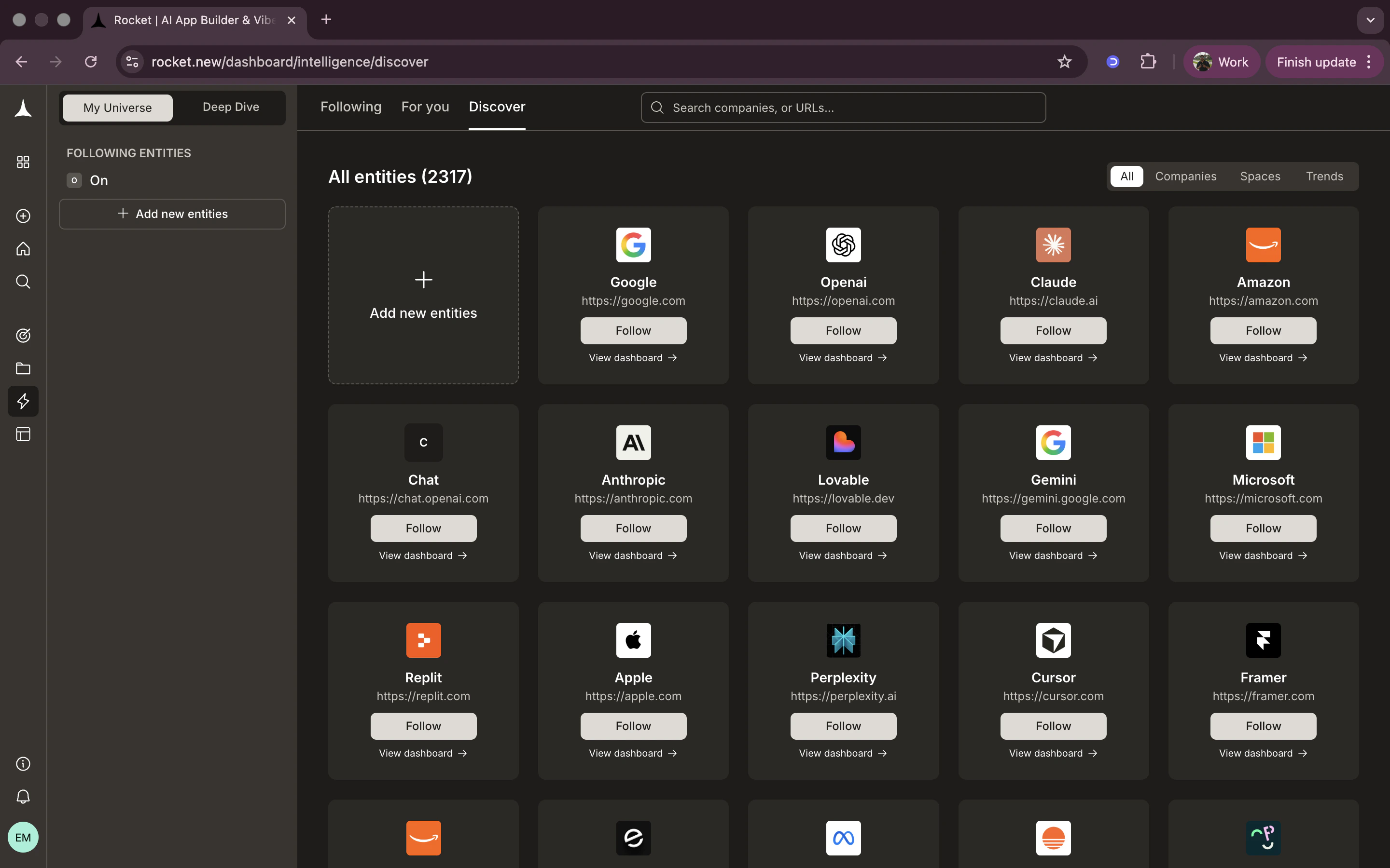 Discover tab showing browsable grid of companies
