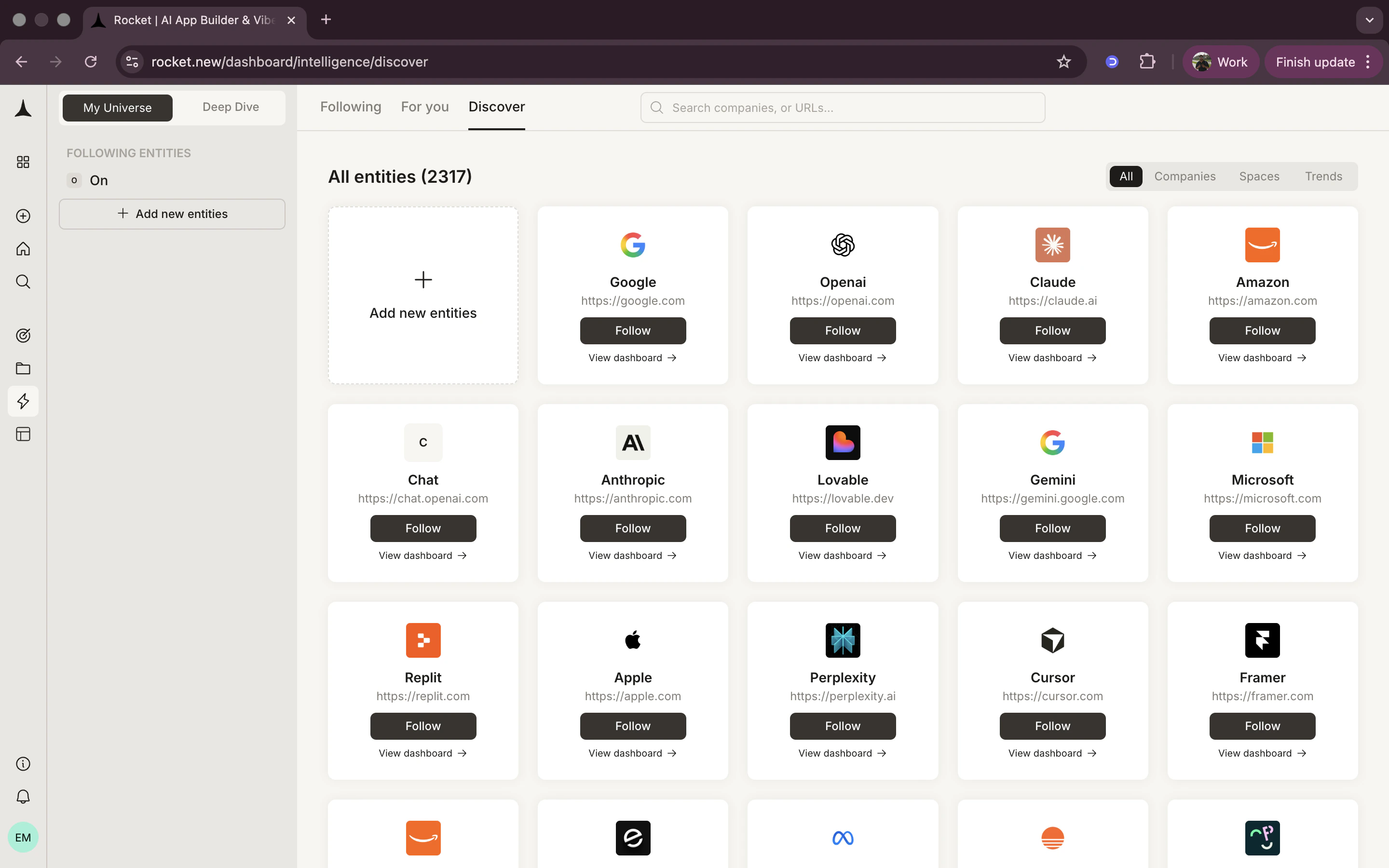 Discover tab showing browsable grid of companies