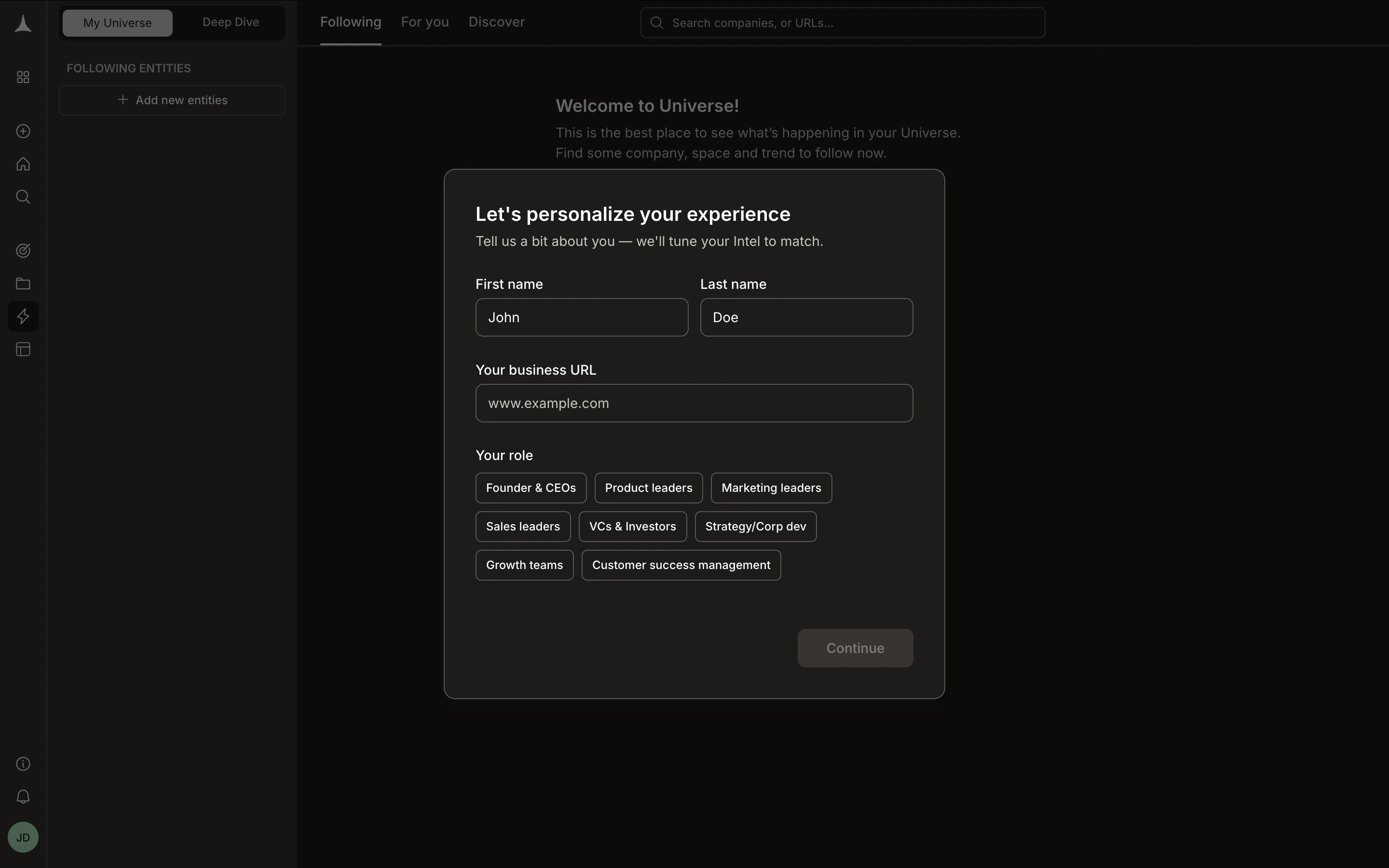Personalization modal asking for name, business URL, and role