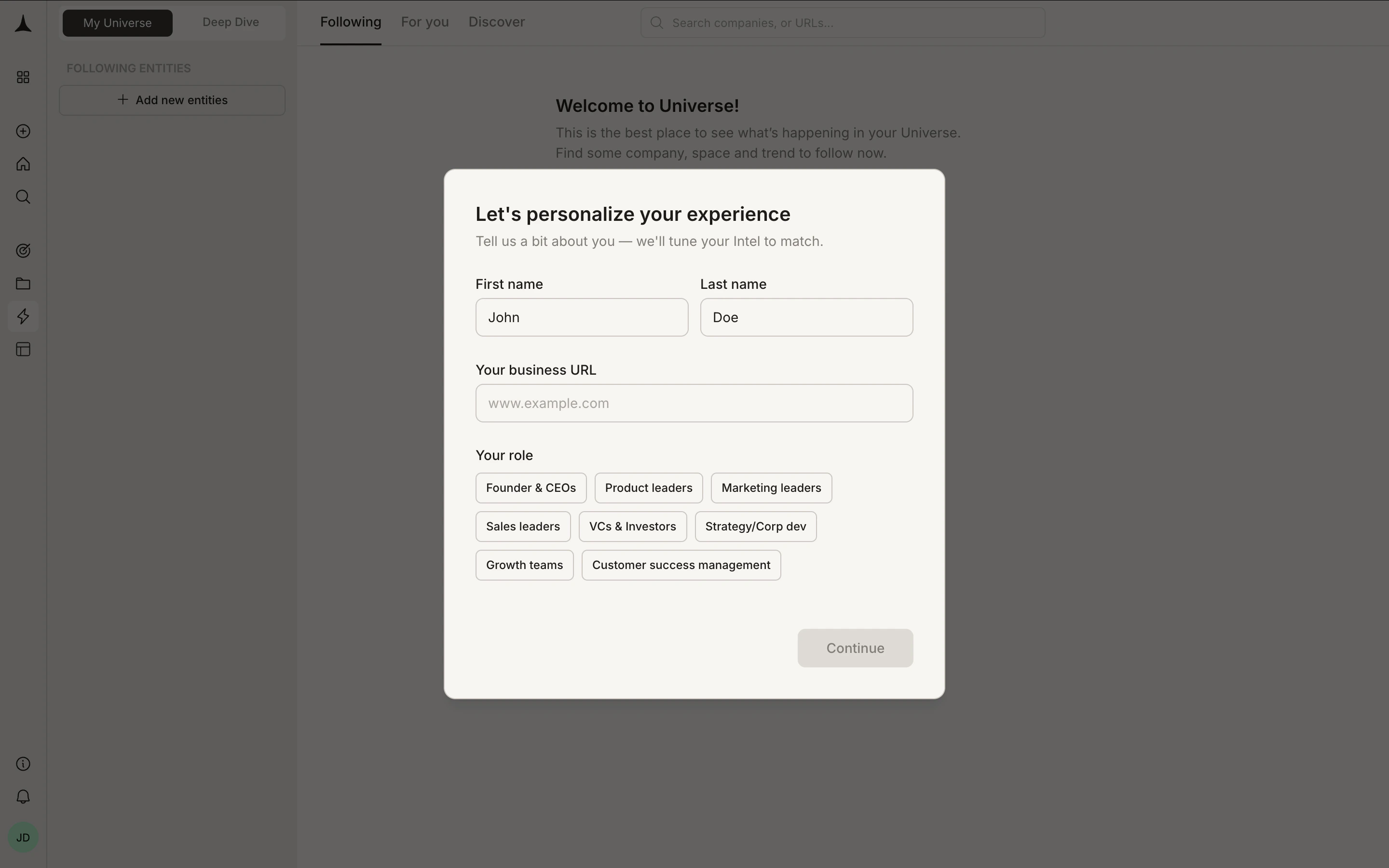 Personalization modal asking for name, business URL, and role